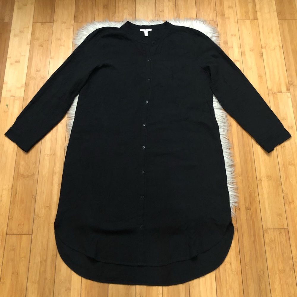Eileen Fisher Organic Cotton Collarless Long Sleeves Black Shirt Dress size L
